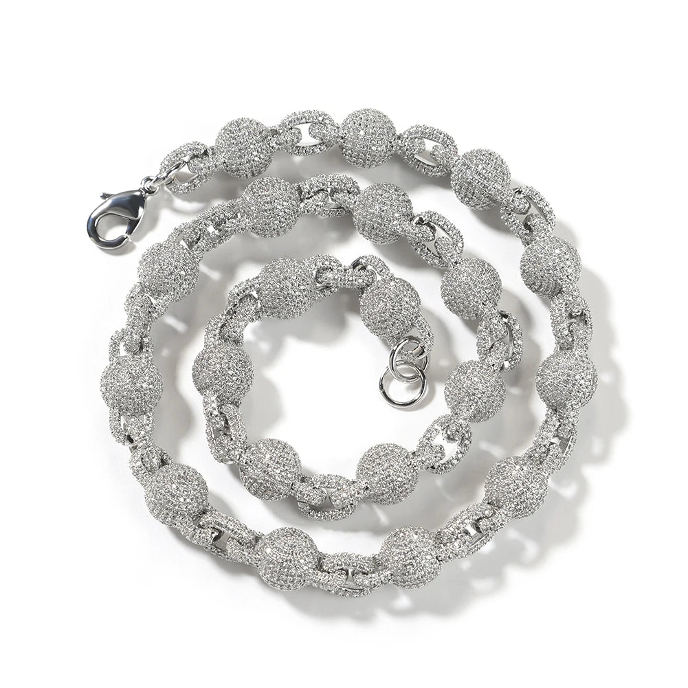 Ball 10mm Icy Bead Link Locked Chain Necklace Micro Paved Out 5A Cubic Zirconia Choker HipHop