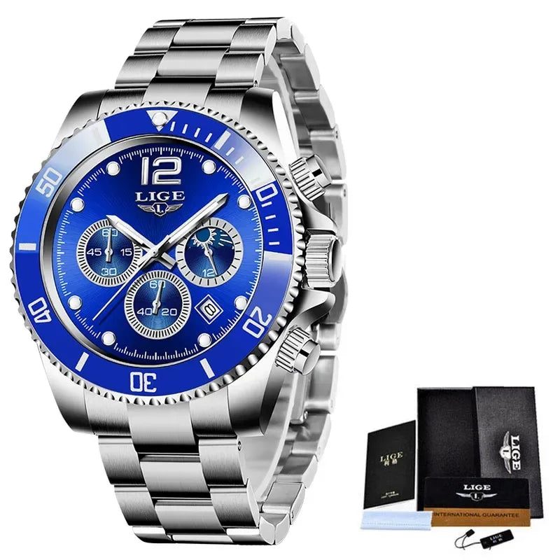 LIGE Top Brand Luxury Men Watch Business Stainless Steel Quartz Wristwatches Luminous Waterproof Watch for Men Clock Gift+Box