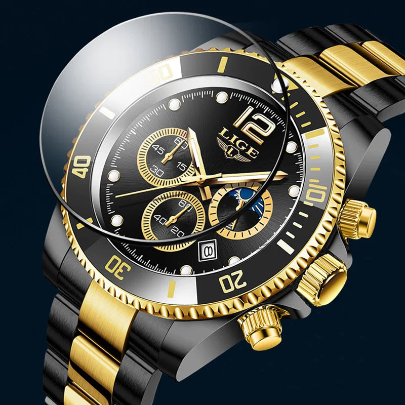 LIGE Top Brand Luxury Men Watch Business Stainless Steel Quartz Wristwatches Luminous Waterproof Watch for Men Clock Gift+Box