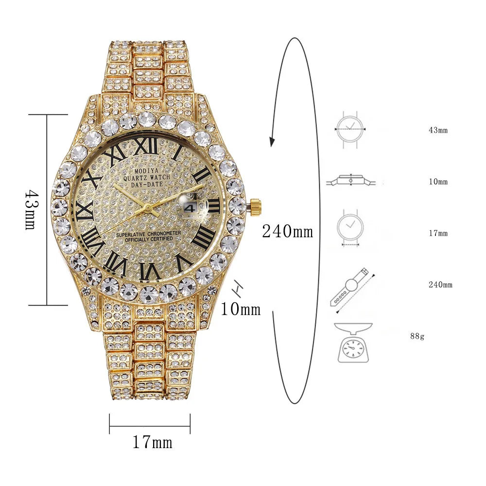 Iced Roman Numerals Round Cut Men's Watch in White Gold Rhinestone