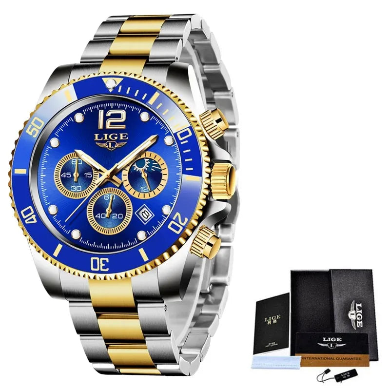 LIGE Top Brand Luxury Men Watch Business Stainless Steel Quartz Wristwatches Luminous Waterproof Watch for Men Clock Gift+Box