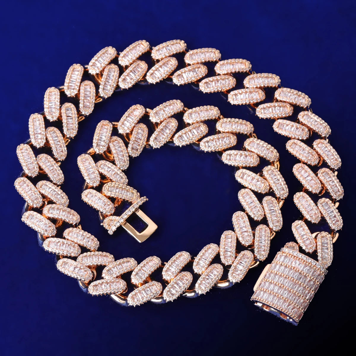 5AAA+ CZ Hop Hip Ice Out Bling Baguette Chain Necklace 14k Real Gold Plated 15MM