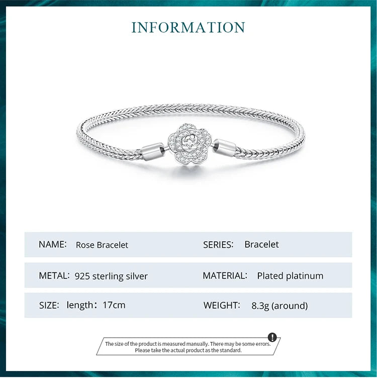 925 Sterling Silver Zircon Rose Buckle Bracelet Snake Chain for Women Bead Charm