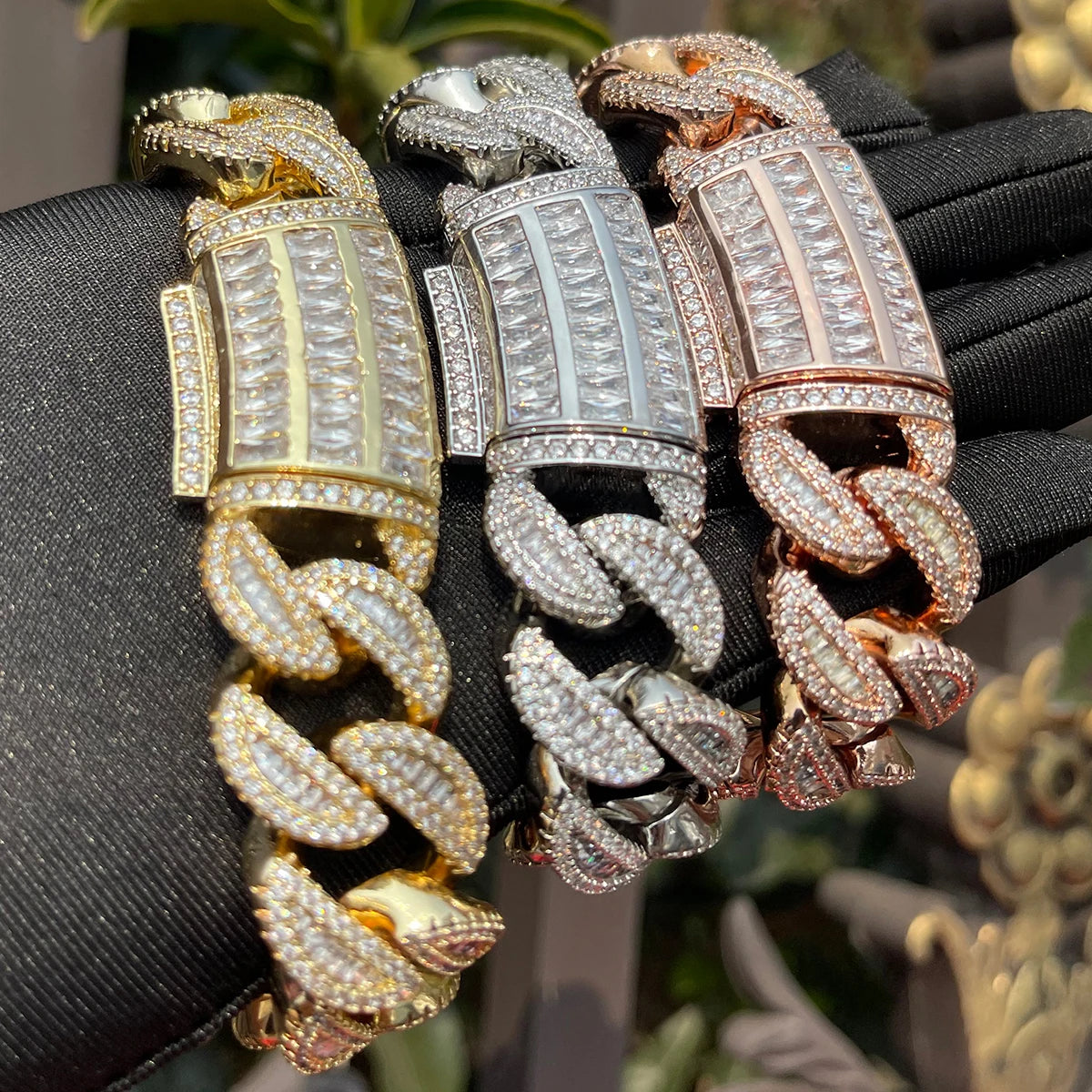 5AAA+ CZ Ice Out Hop Hip Baguette Cuban Chain Bracelet 24k Real Gold Plated 20MM