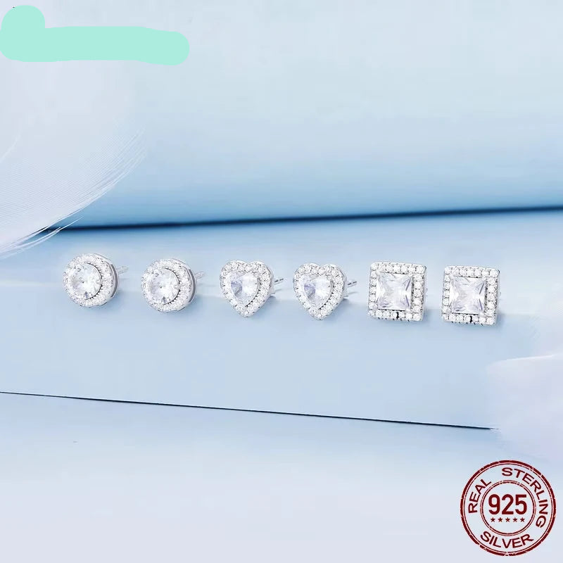 Platinum Plated Halo CZ Stud Earrings 925 Sterling Silver Hypoallergenic