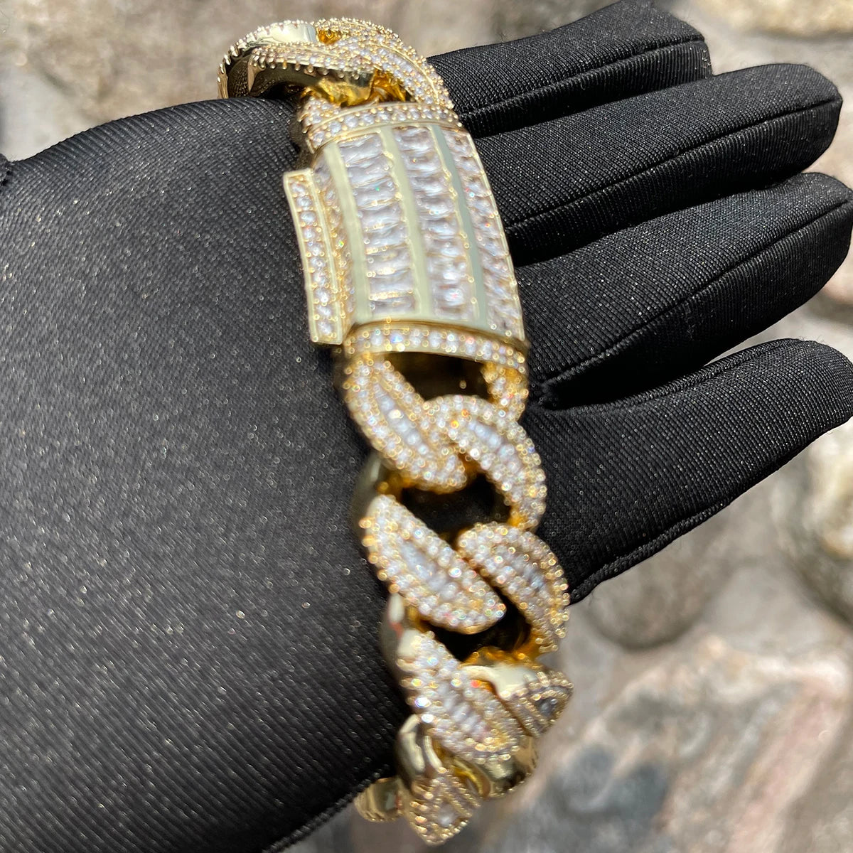 5AAA+ CZ Ice Out Hop Hip Baguette Cuban Chain Bracelet 24k Real Gold Plated 20MM