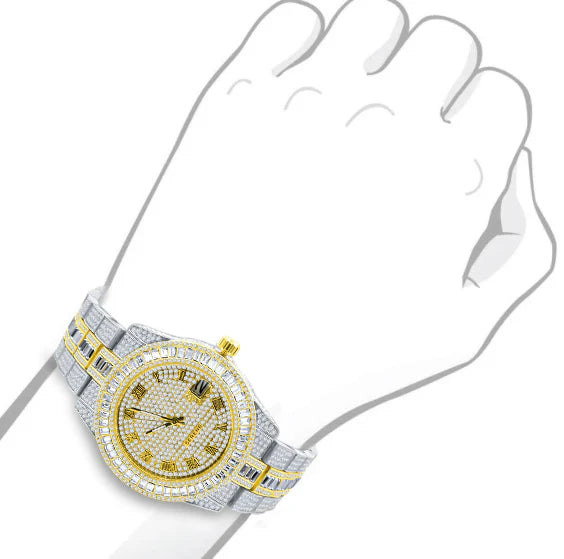 Baguette 14K Gold Finish Simulated Diamond Men's Presidential Watch 44mm W/Date
