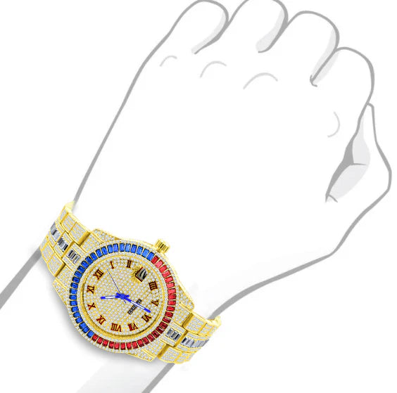 Baguette 14K Gold Finish Simulated Diamond Men's Presidential Watch 44mm W/Date