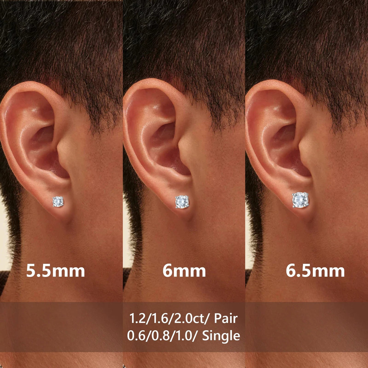 Three close-up views of a person's ear wearing a small stud earring, showing different sizes labeled 5.5mm, 6mm, and 6.