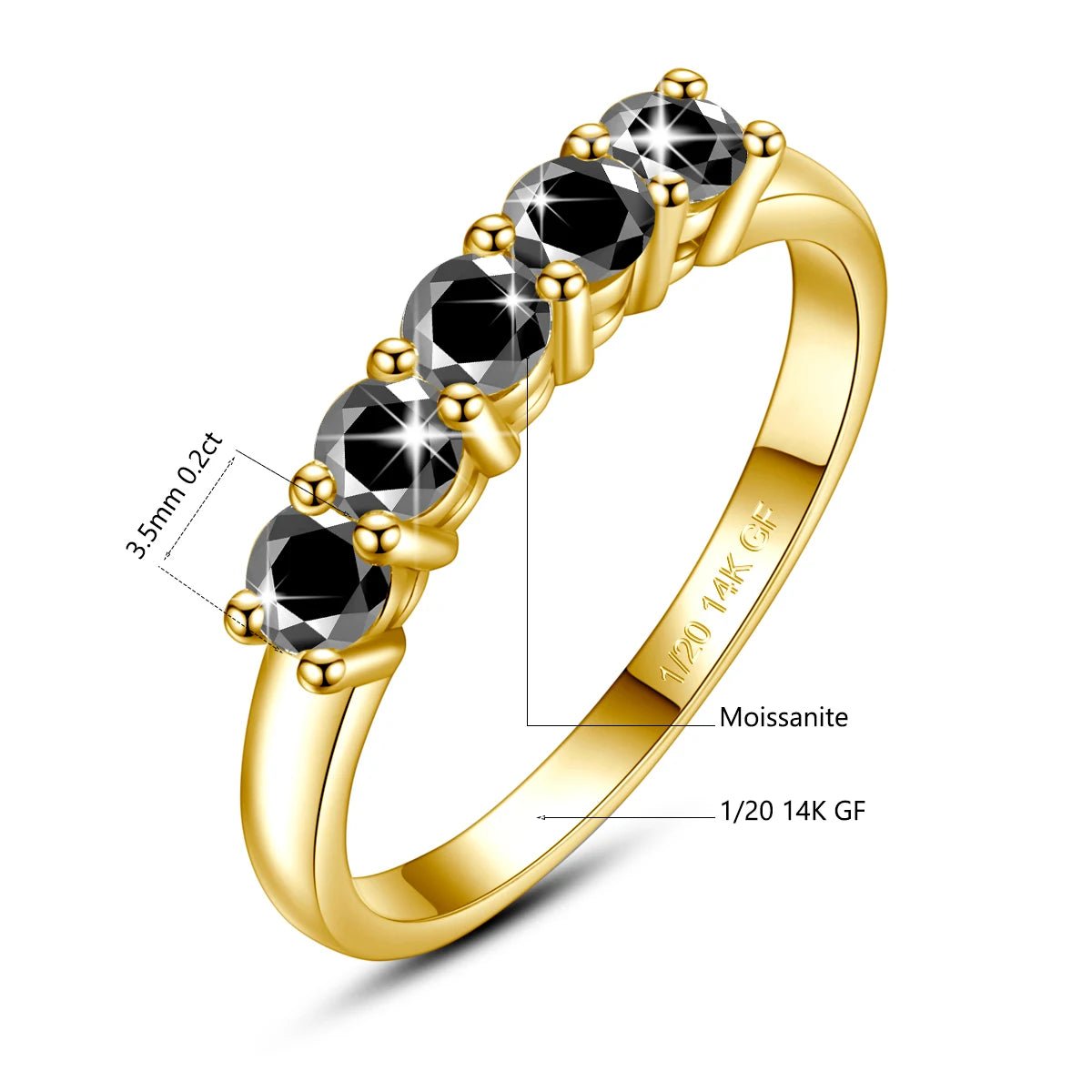 Gold ring with black gemstones and measurements on a white background