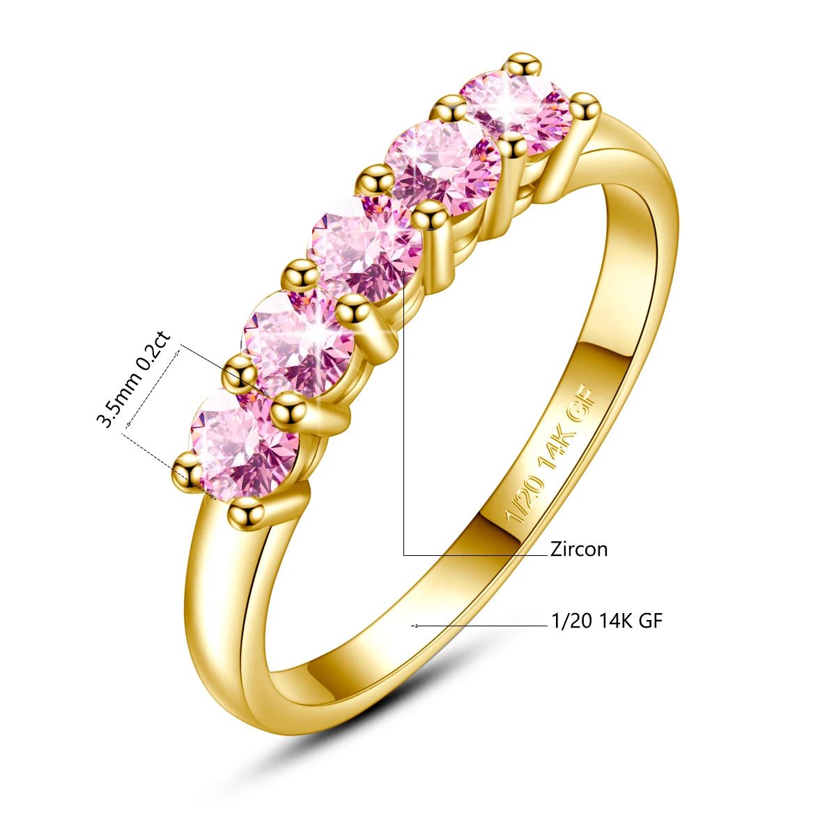 Gold ring with pink gemstones and measurements on a white background