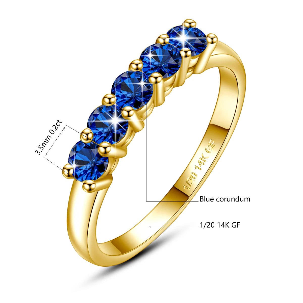 Gold ring with blue gemstones and measurement details on a white background