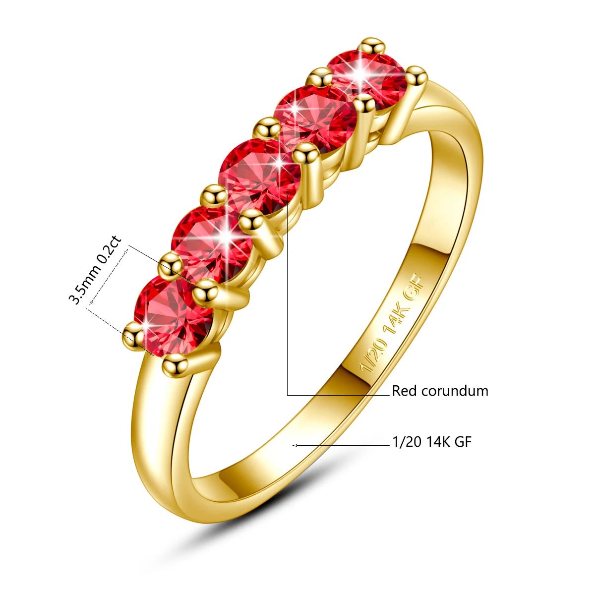 Gold ring with red gemstones and measurement details on a white background