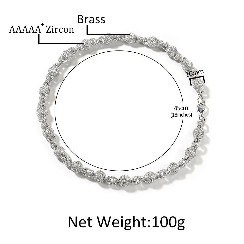10mm Icy Bead Link Chain Necklace – 5A Cubic Zirconia Hip Hop Choker - Jewelry Iced