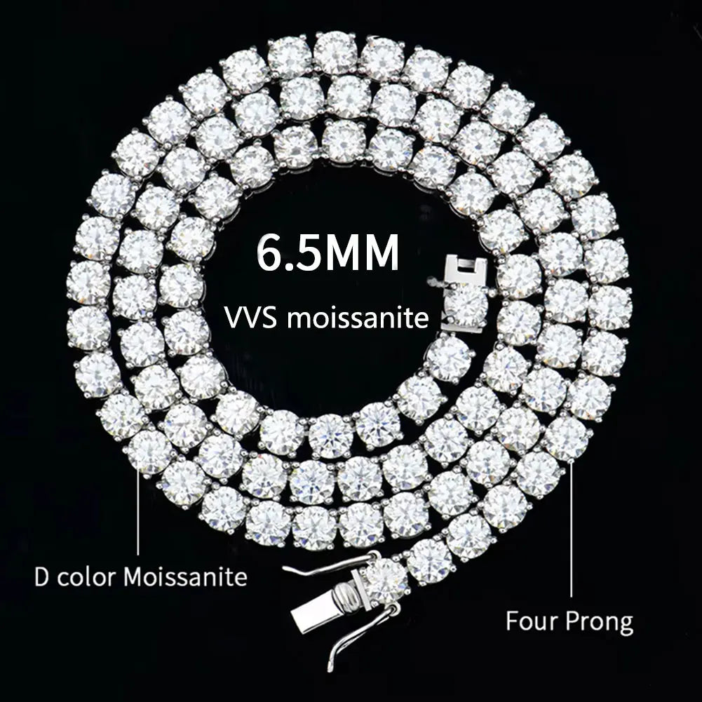 A silver-tone chain necklace paved with round clear stones, coiled on a black background overlaid =6.5MM, VVS moissanite,