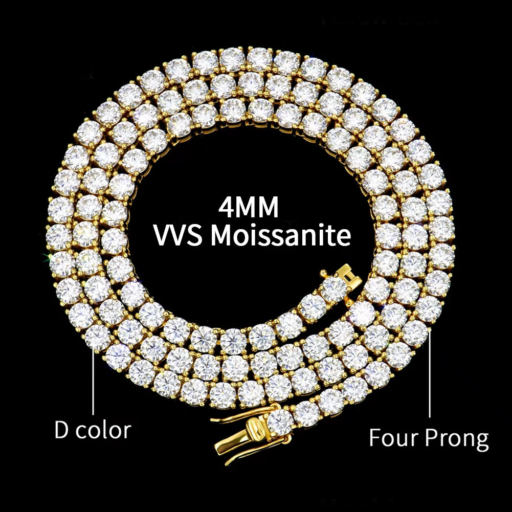 A gold-toned 4mm diamond chain necklace with VVS Moissanite stones, coiled on a black background with text overlays