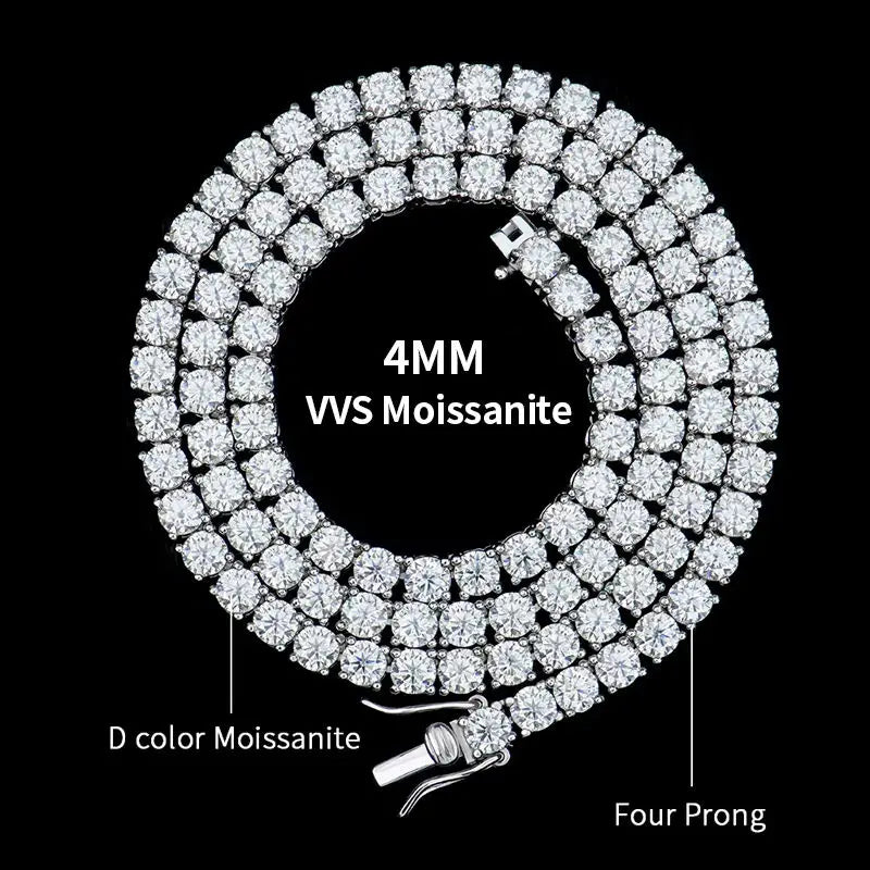 '4MM VVS Moissanite', 'D color Moissanite', and 'Four Prong', plus small metal clasp details shown at the bottom