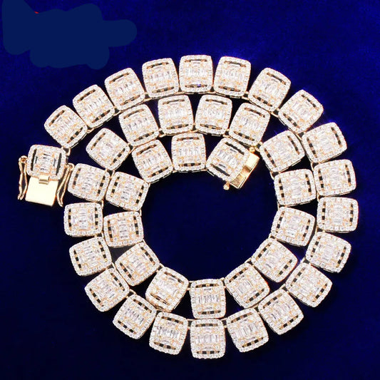 3AAA+ 12MM Baguette Necklace for Men Tennis Chain Choker Real Gold Plated Hip Hop Jewelry Christmas Gift