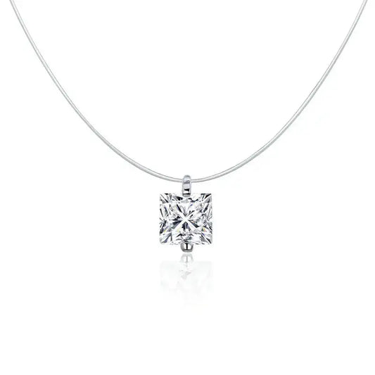 A silver invisible chain necklace with a square-shaped pendant adorned with cubic zirconia.