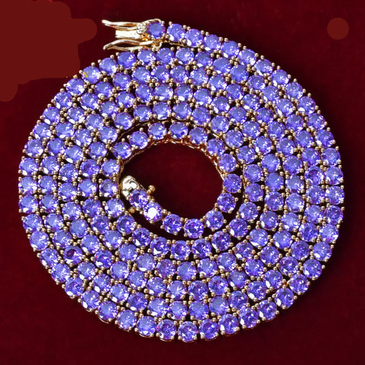 5AAA+ Purple Tennis Chain Necklace Hip Hop Rock Street Jewelry Cubic Zirconia 24K Real Gold Color Plated