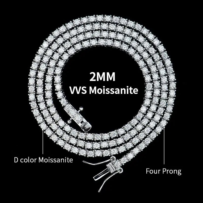 Coiled 2mm D-color VVS moissanite necklace with a silver-tone four-prong setting on a black background