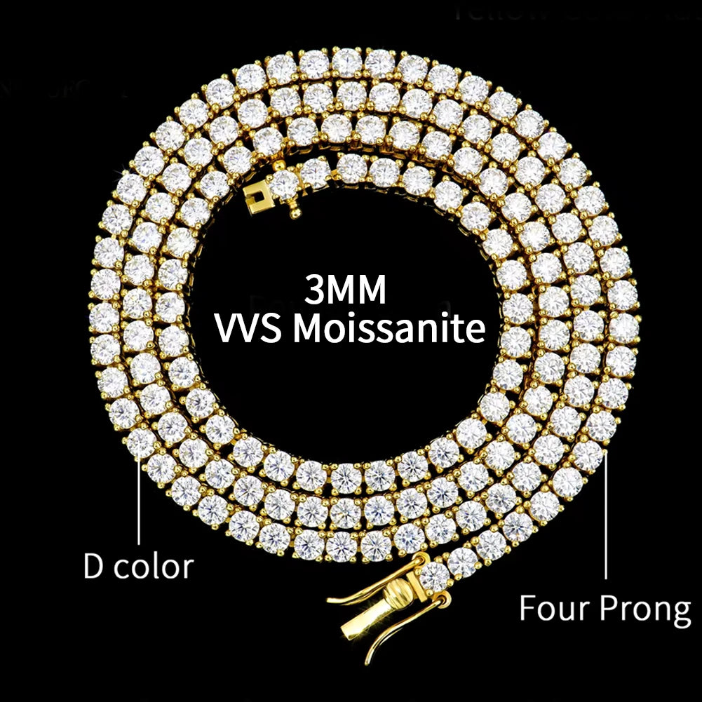 A coiled 3mm diamond necklace with a gold clasp, set against a solid black background.