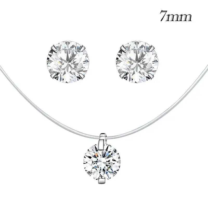 A silver invisible chain necklace with a square-shaped pendant adorned with cubic zirconia.