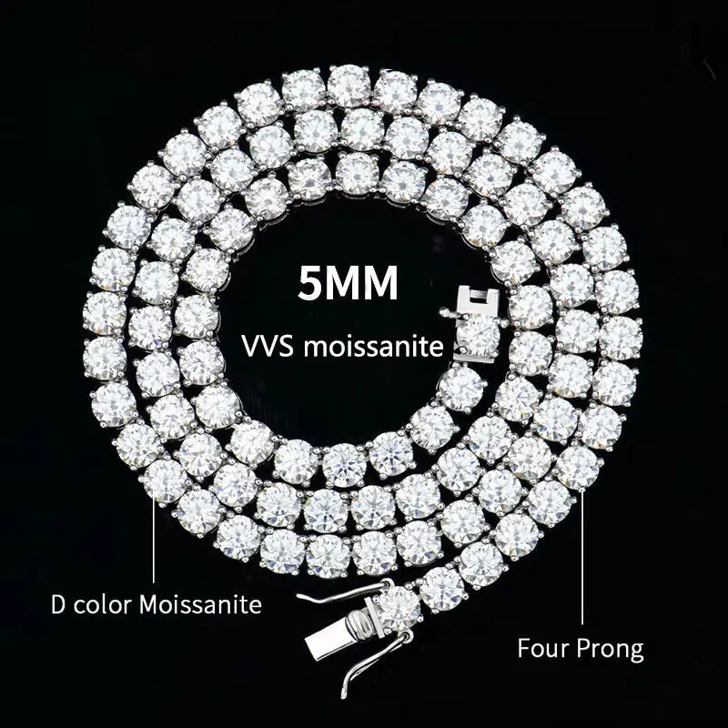 Coiled 5mm D-color VVS moissanite necklace with a silver-tone four-prong setting on a black background