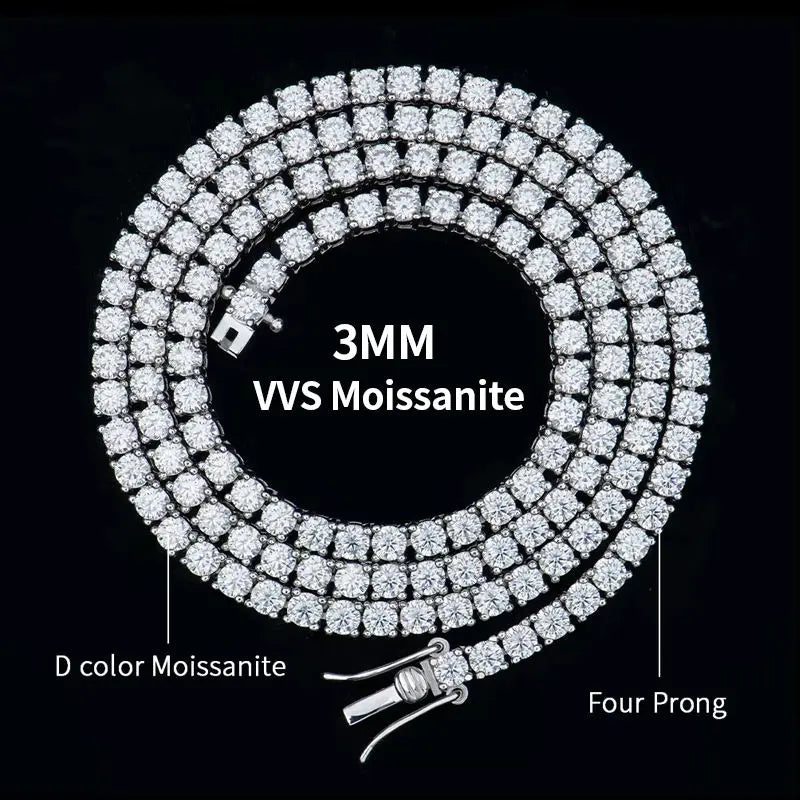 Close-up of a diamond necklace with specifications on a black background