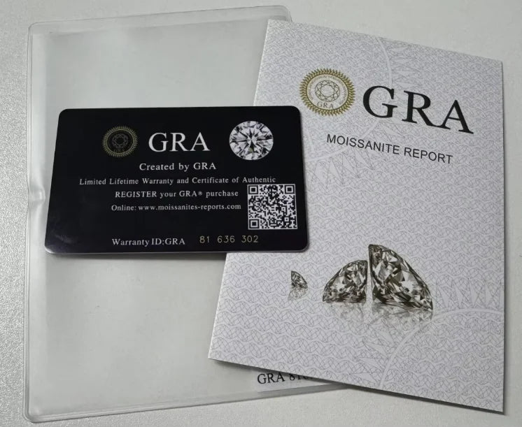 GRA Moissanite Report card and clear protective case on a light gray background.