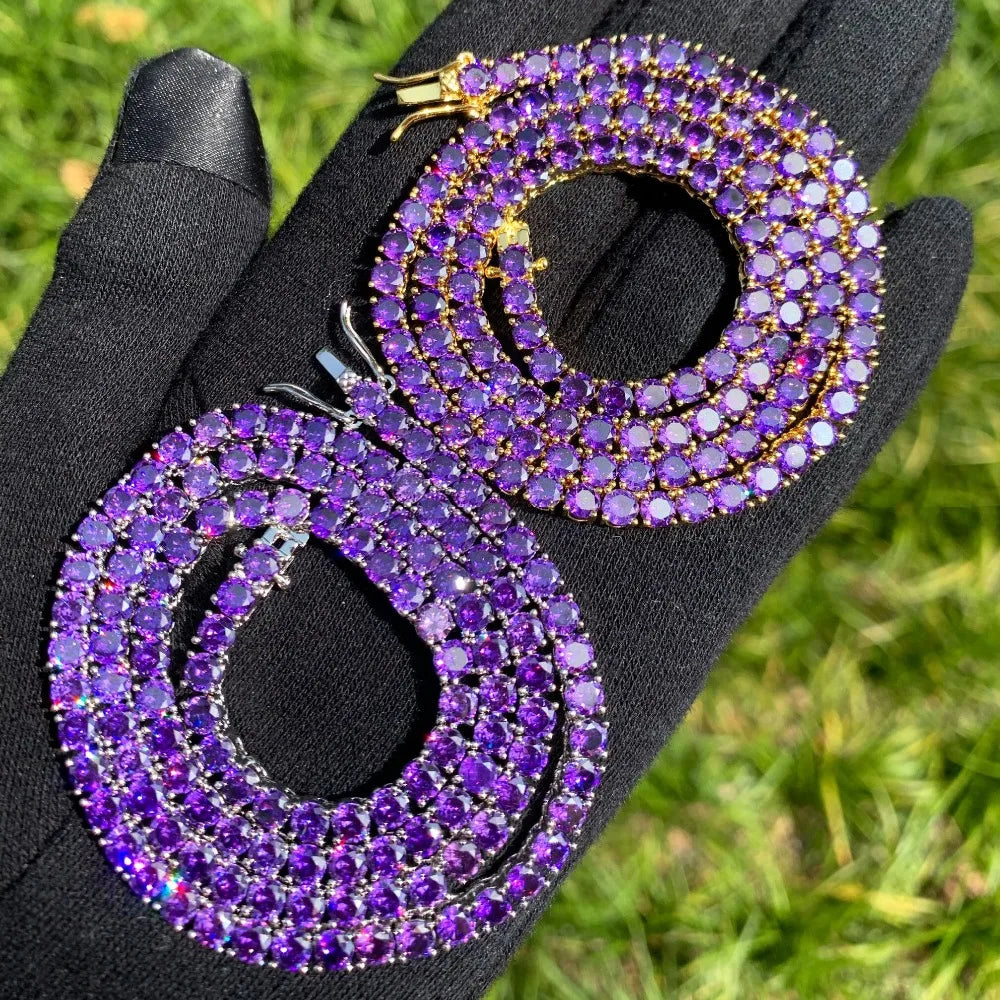 5AAA+ Purple Tennis Chain Necklace Hip Hop Rock Street Jewelry Cubic Zirconia 24K Real Gold Color Plated