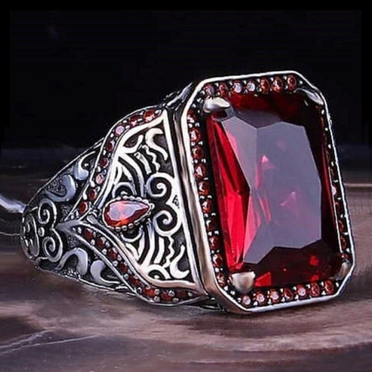 Retro National Style Texture Inlaid Red And Green Zircon Ring