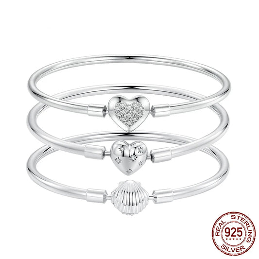 925 Sterling Silver Charm Bracelet, Classic Heart/Shell Basic Bangle Charm Beads