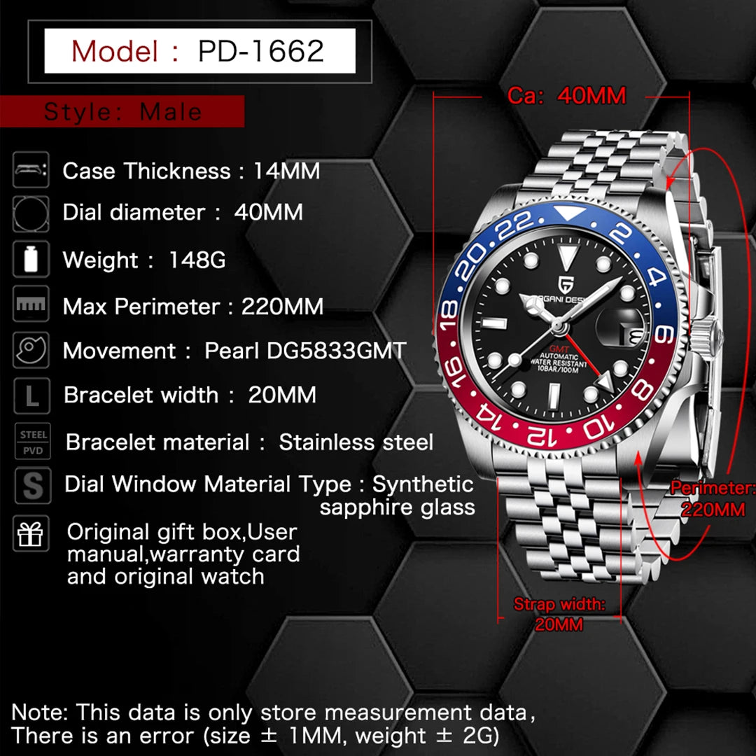 PAGANI DESIGN PD-1662 Men's Mechanical Watch - GMT, Sapphire Glass, Waterproof