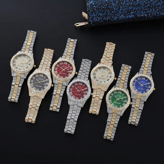 Iced Roman Numerals Round Cut Men's Watch in White Gold Rhinestone