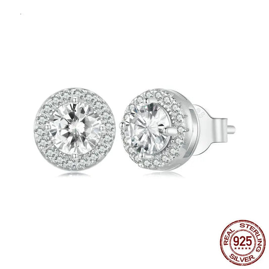 Platinum Plated Halo CZ Stud Earrings 925 Sterling Silver Hypoallergenic