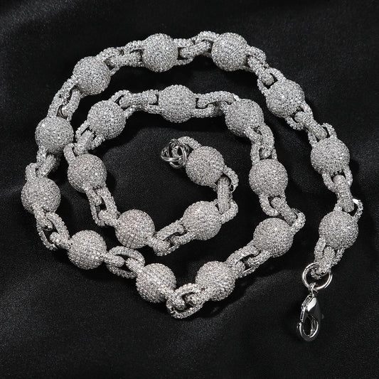 Ball 10mm Icy Bead Link Locked Chain Necklace Micro Paved Out 5A Cubic Zirconia Choker HipHop