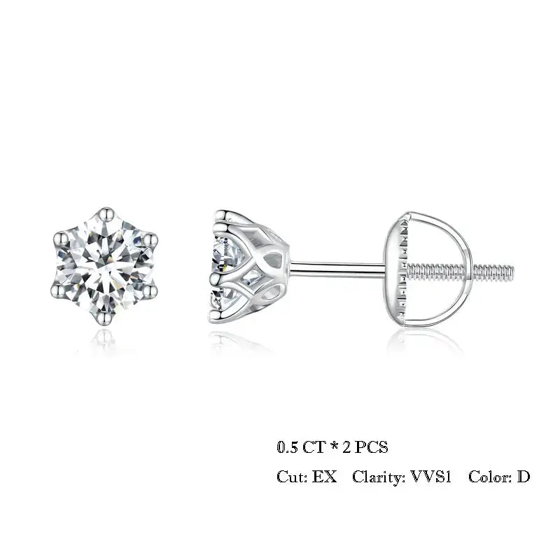A pair of round cut Moissanite stud earrings set in silver mounting, with a screw back closure.