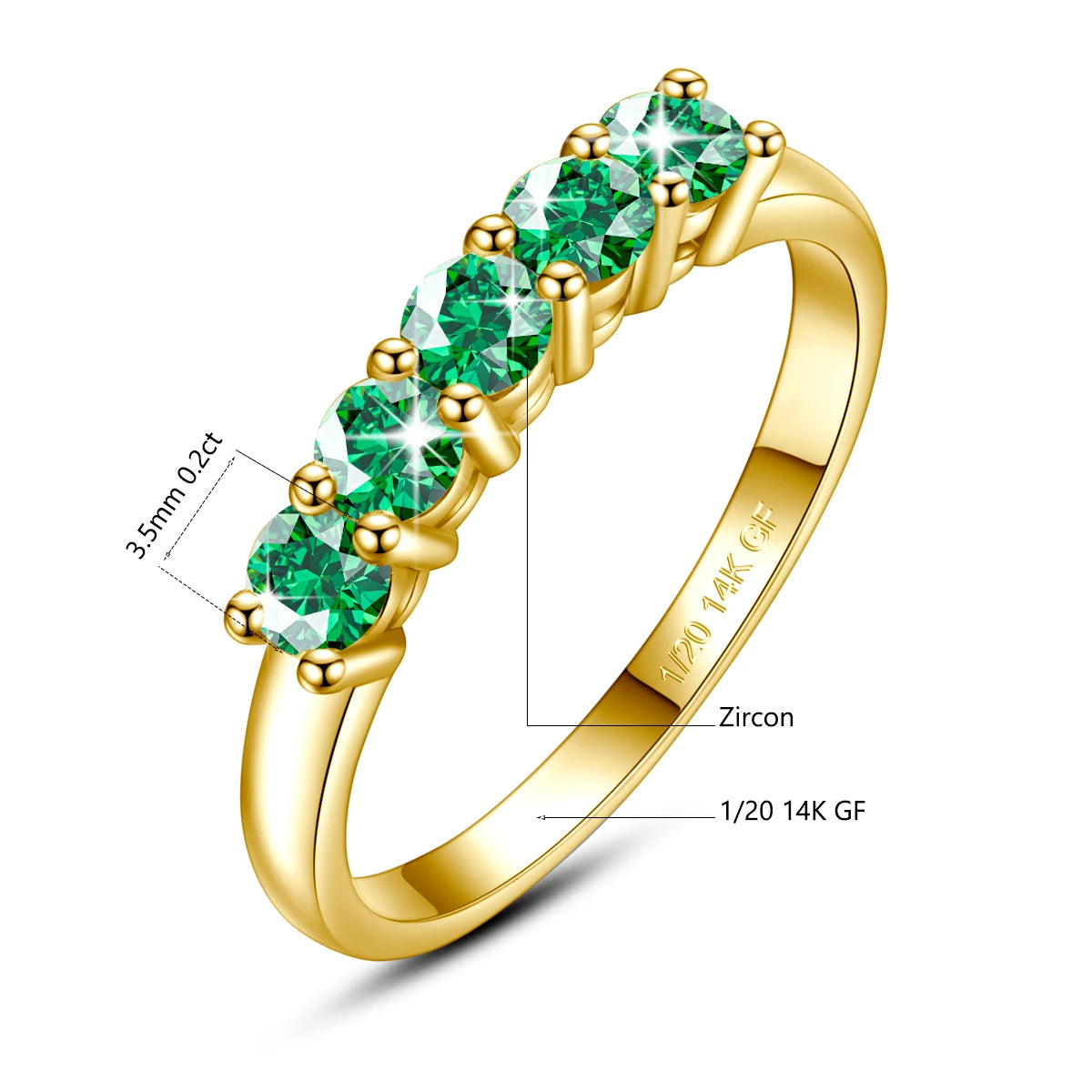 Gold ring with green gemstones and measurements on a white background