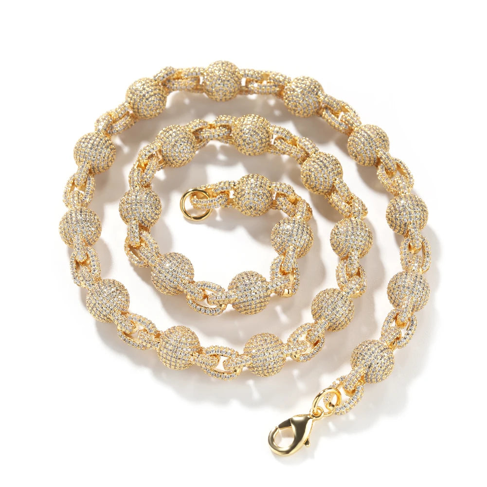 A silver icy bead link locked chain necklace with micro pave out 5A cubic zirconia, displayed on a black background.