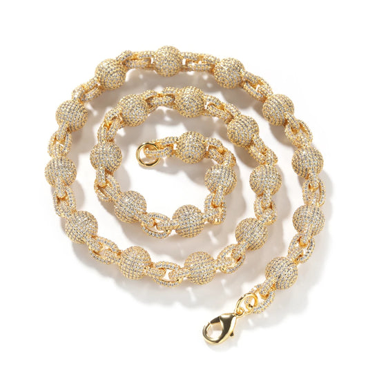 A silver icy bead link locked chain necklace with micro pave out 5A cubic zirconia, displayed on a black background.