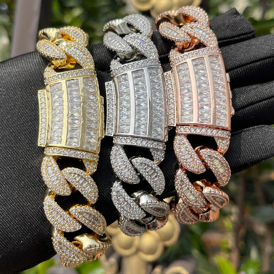 5AAA+ CZ Ice Out Hop Hip Baguette Cuban Chain Bracelet 24k Real Gold Plated 20MM