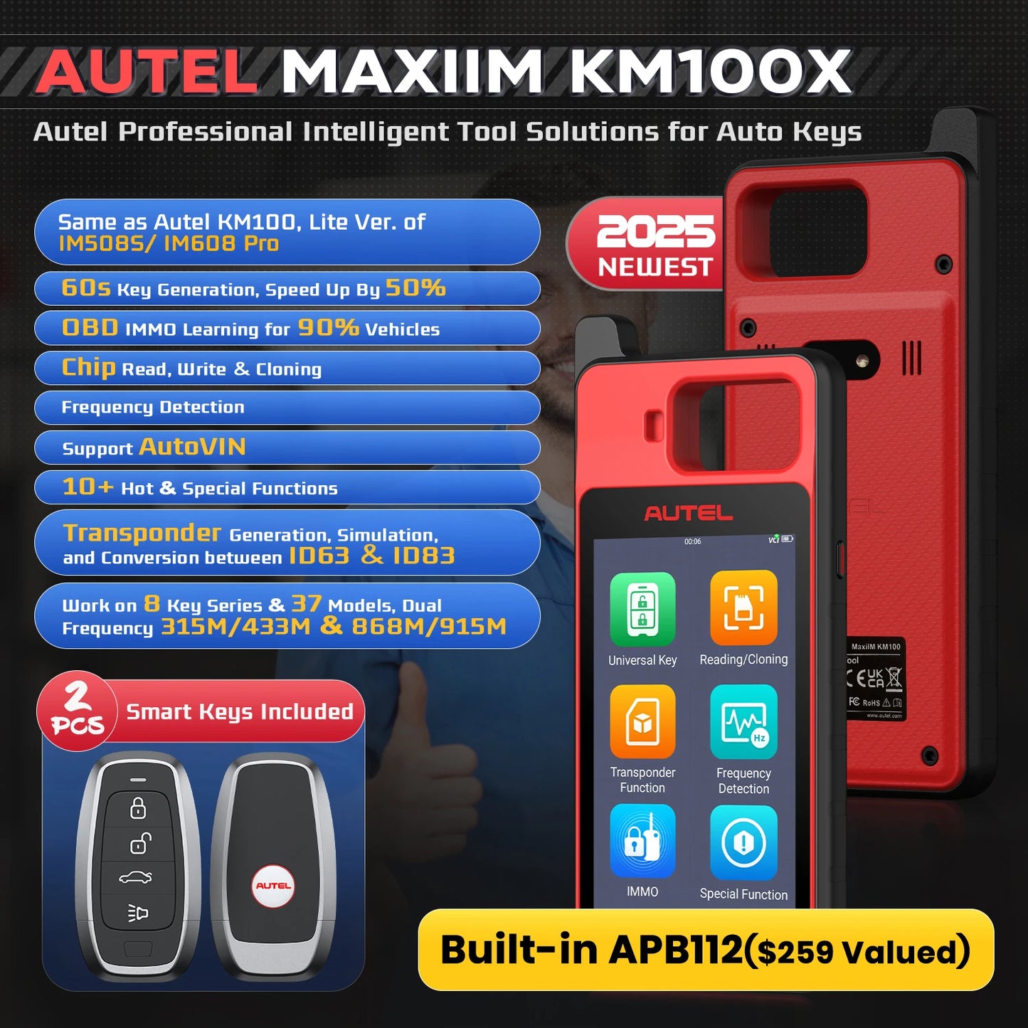 Autel MaxiIM KM100 KM100X Key Fob Programmer Immobilizer Tool Key Creation IMMO Learning Chip Read Cloning Frequency Detection