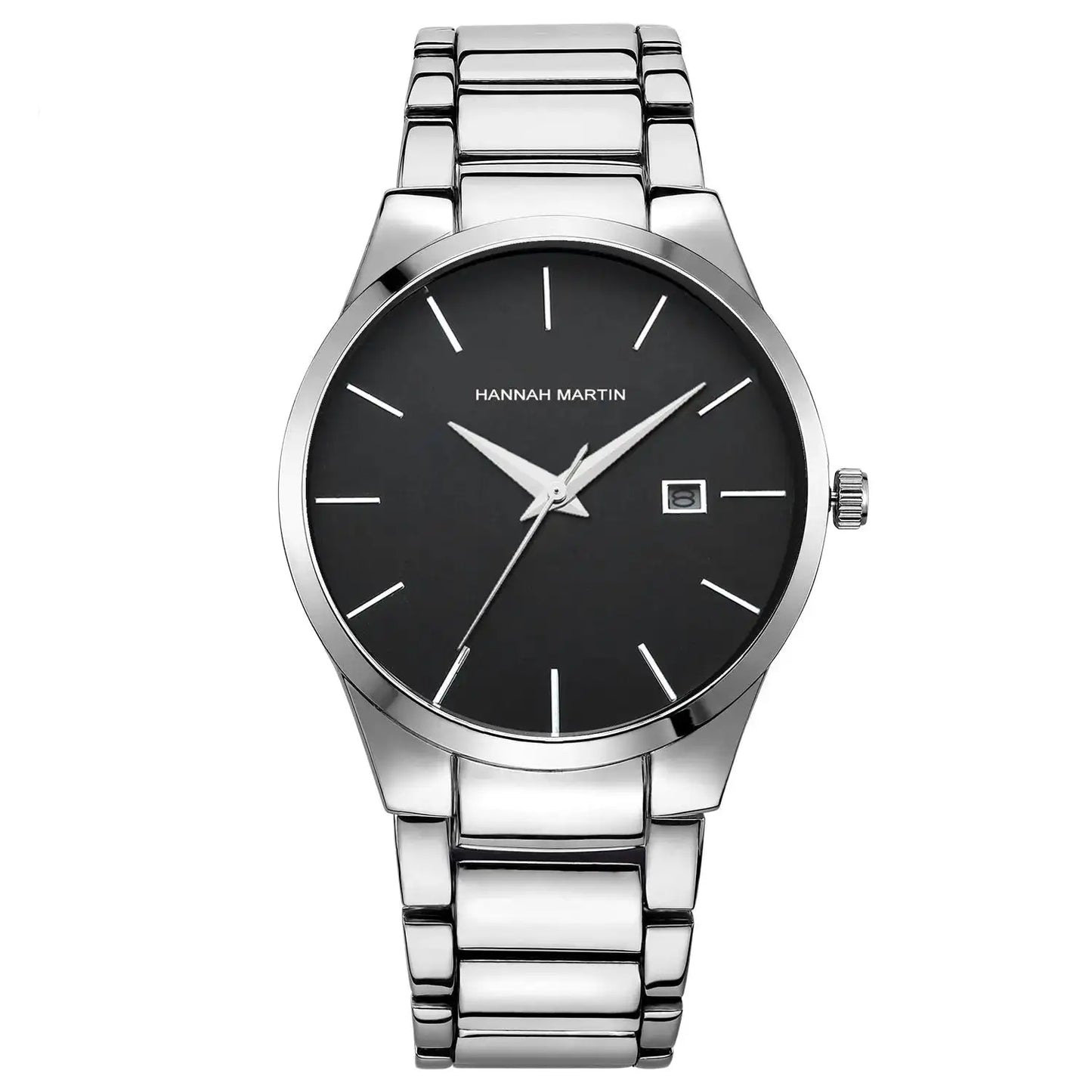 A silver stainless steel men's watch with a black dial, displayed on a white stand, featuring a classic design with a folding clasp.