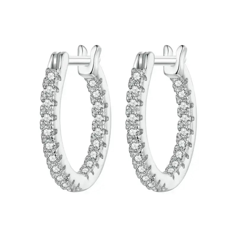 A set of three hoop earrings made of 925 sterling silver with zircon inlays, presented in varying sizes with a '925 Sterling Silver' stamp in the image.