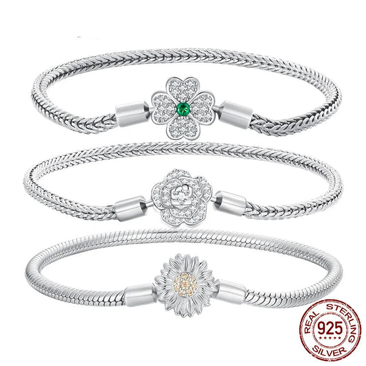 925 Sterling Silver Zircon Rose Buckle Bracelet Snake Chain for Women Bead Charm
