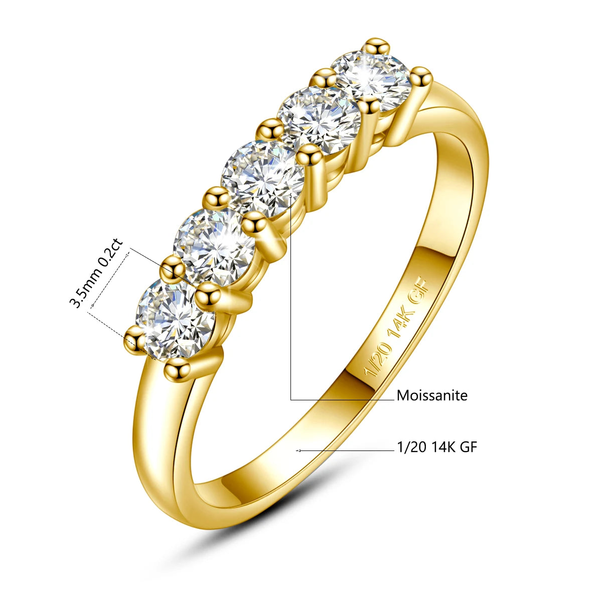 Gold ring with moissanite stones and measurement details on a white background