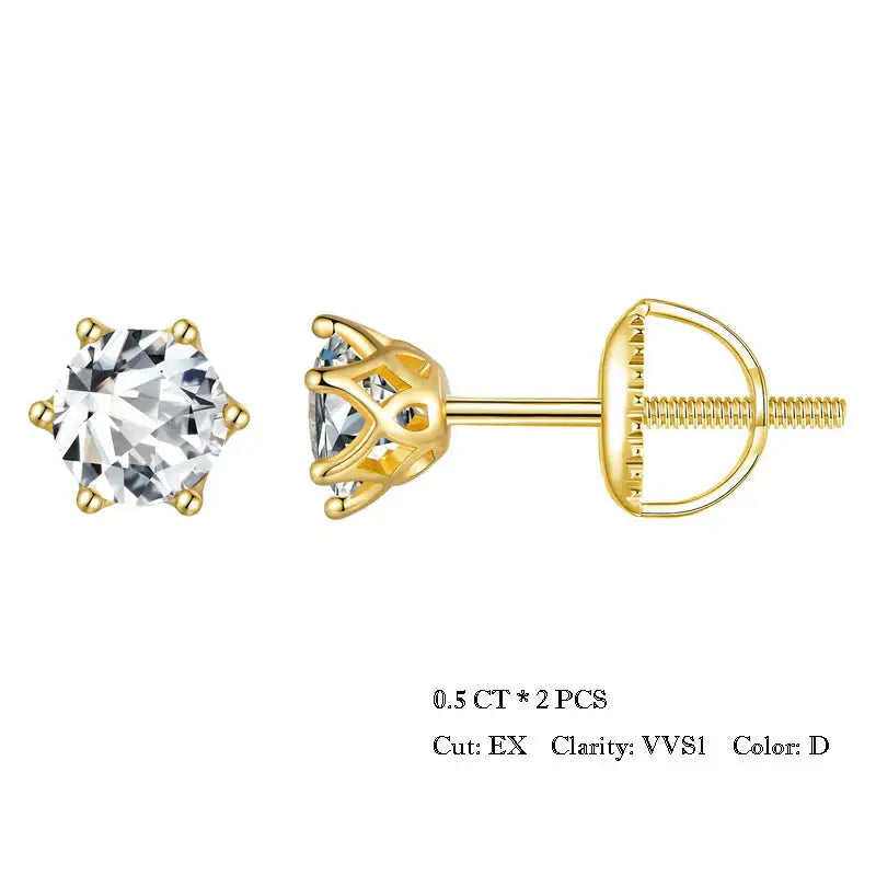 A pair of round cut Moissanite stud earrings set in silver mounting, with a screw back closure.