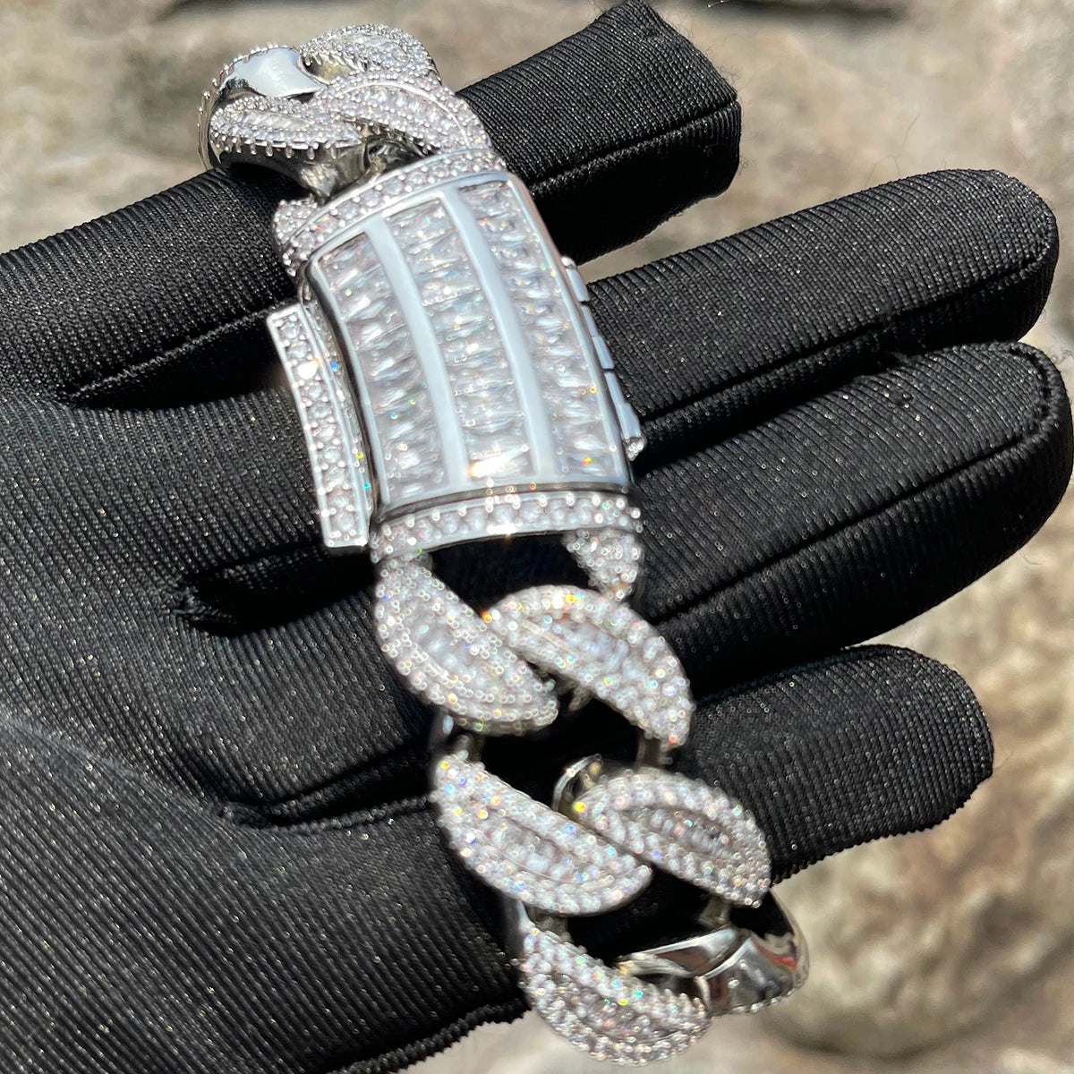 5AAA+ CZ Ice Out Hop Hip Baguette Cuban Chain Bracelet 24k Real Gold Plated 20MM