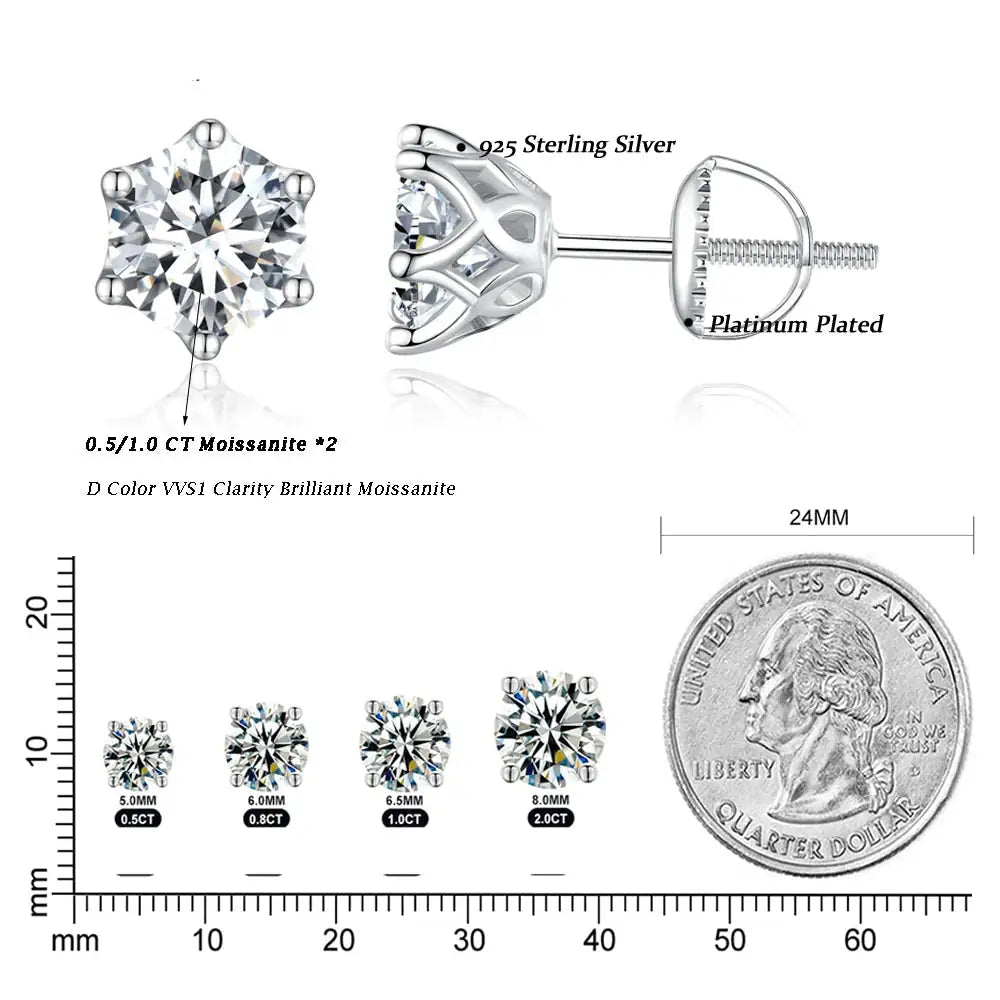 Silver earrings with Moissanite stones, labeled with specifications, on a white background.
